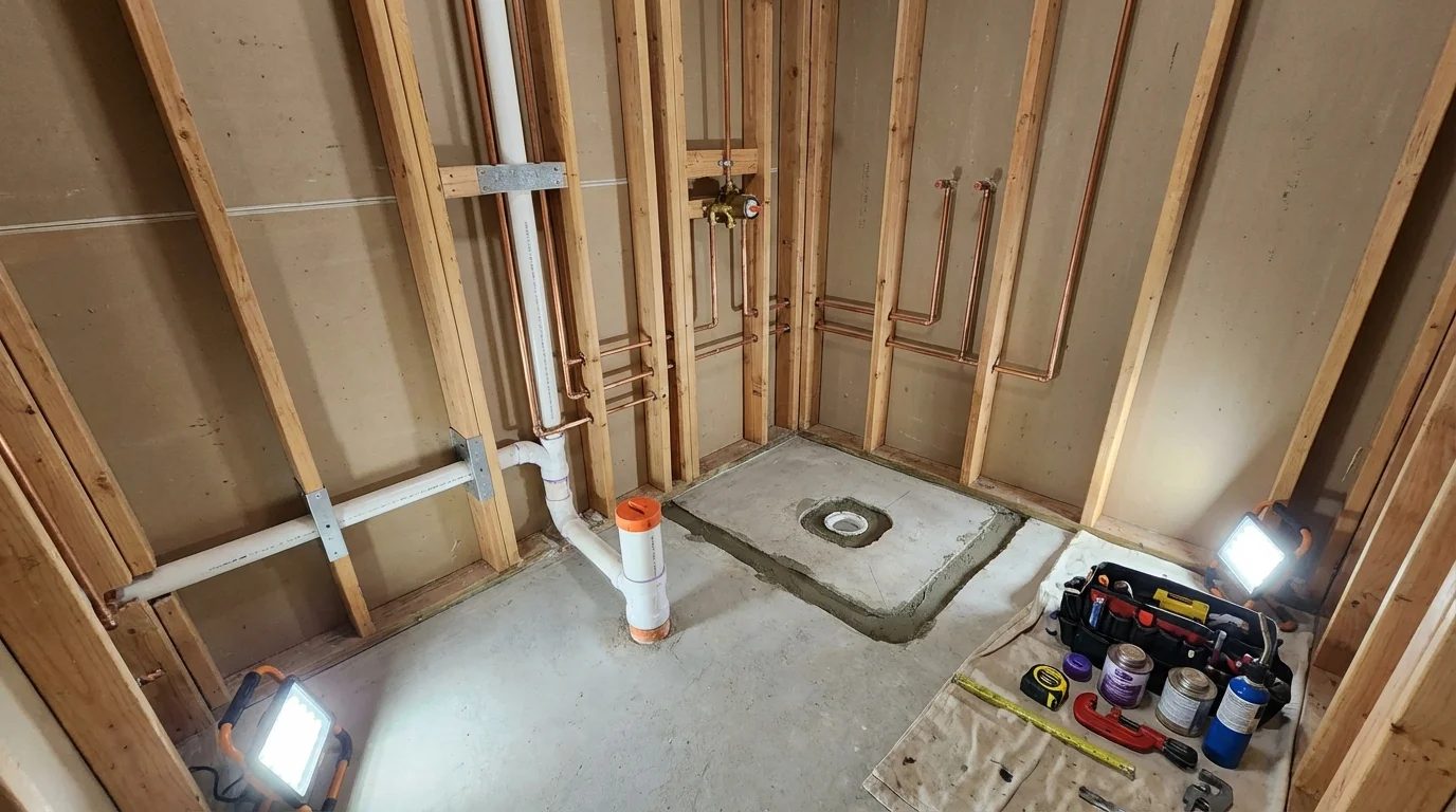 Bathroom rough-in plumbing during remodel by Johns Plumbing LLC in Grimes