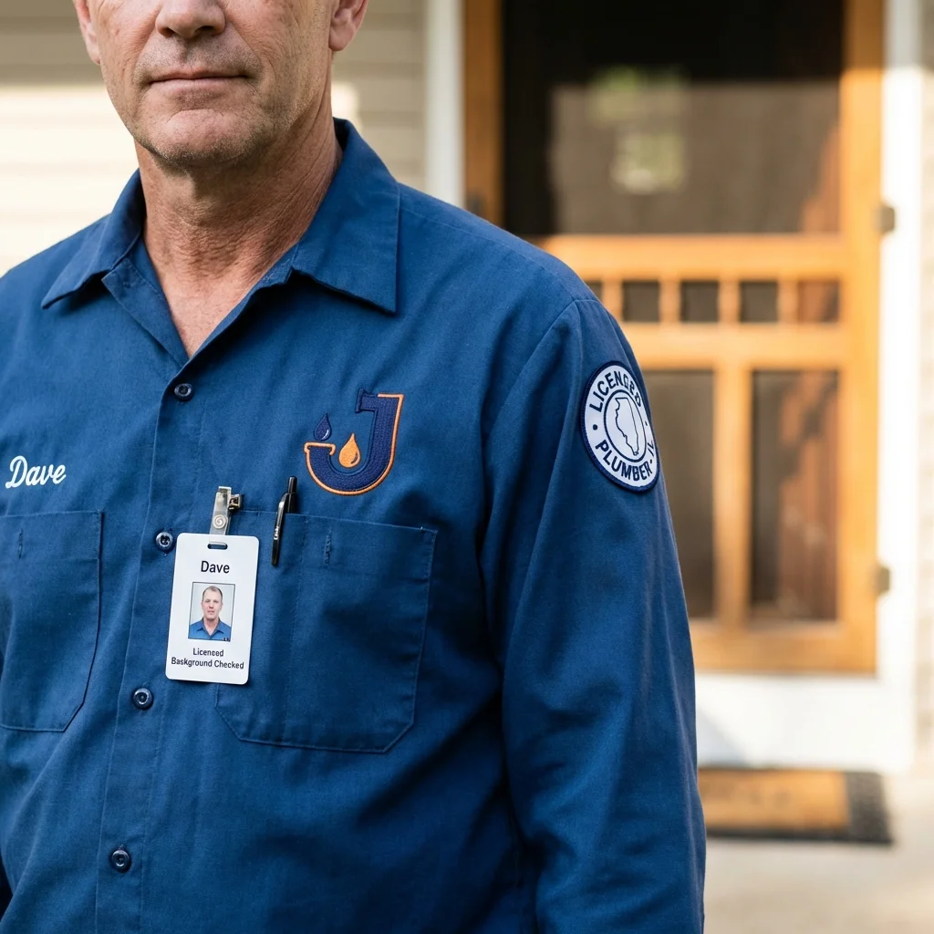 Licensed plumber showing ID badge in Grimes, IA