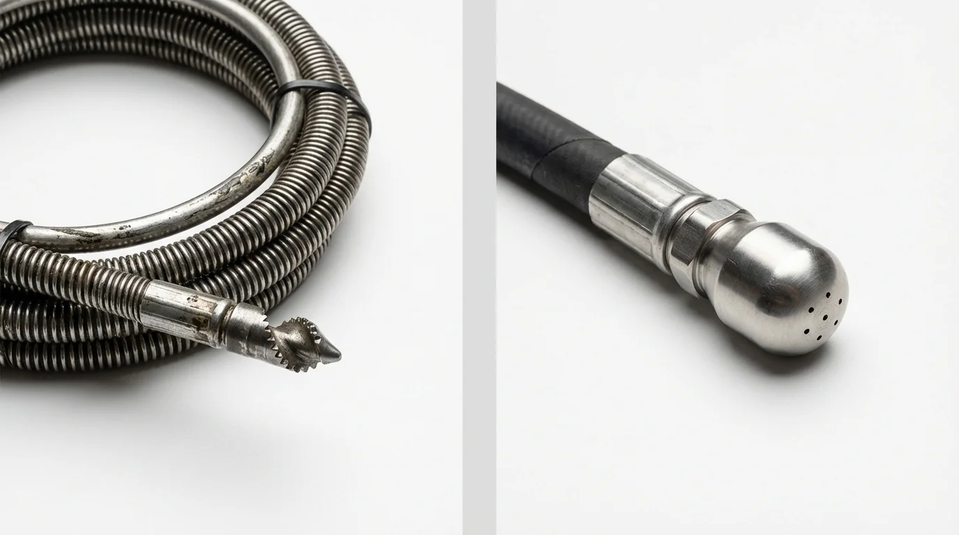 Drain snake cable and hydro jetting nozzle used for drain cleaning in Grimes, IA