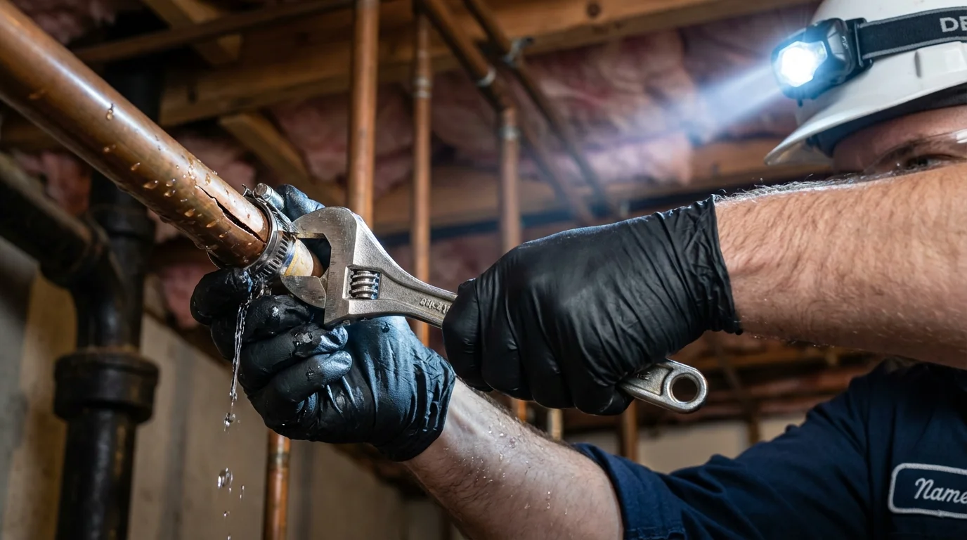 Emergency pipe clamp repair being performed by a Johns Plumbing LLC plumber in Grimes