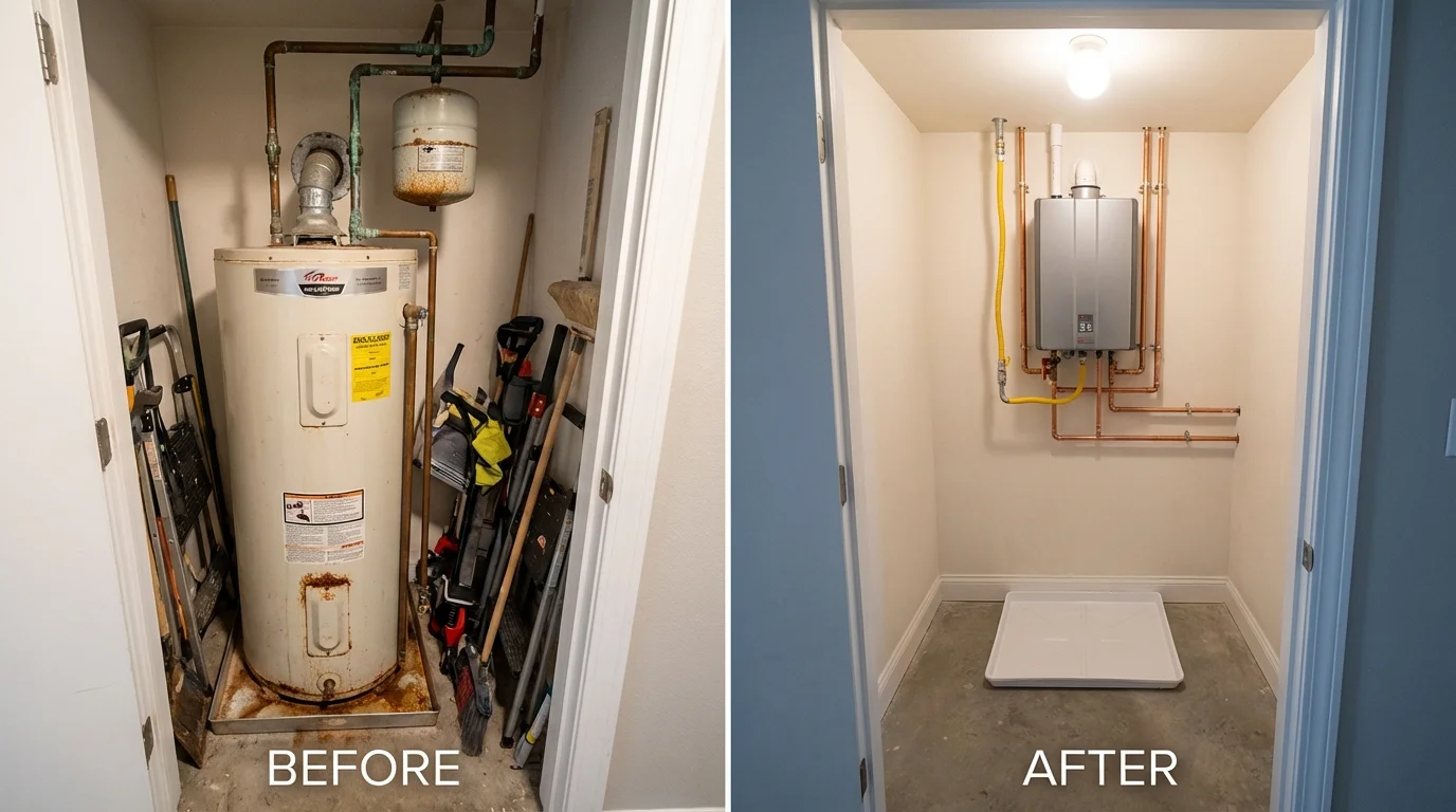 Tank water heater versus wall-mounted tankless unit comparison for Grimes, IA homeowners