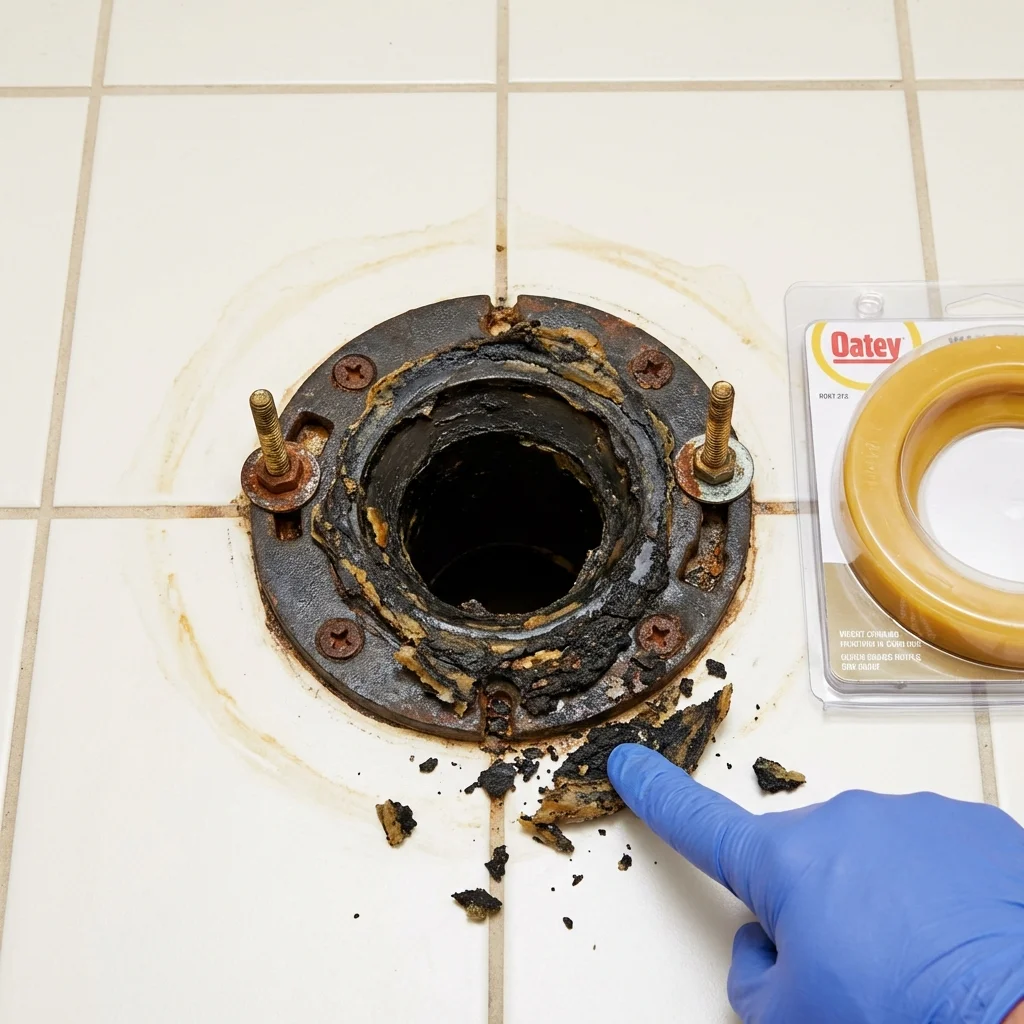Failed wax ring showing water seepage at the base of a toilet in a Grimes, IA home