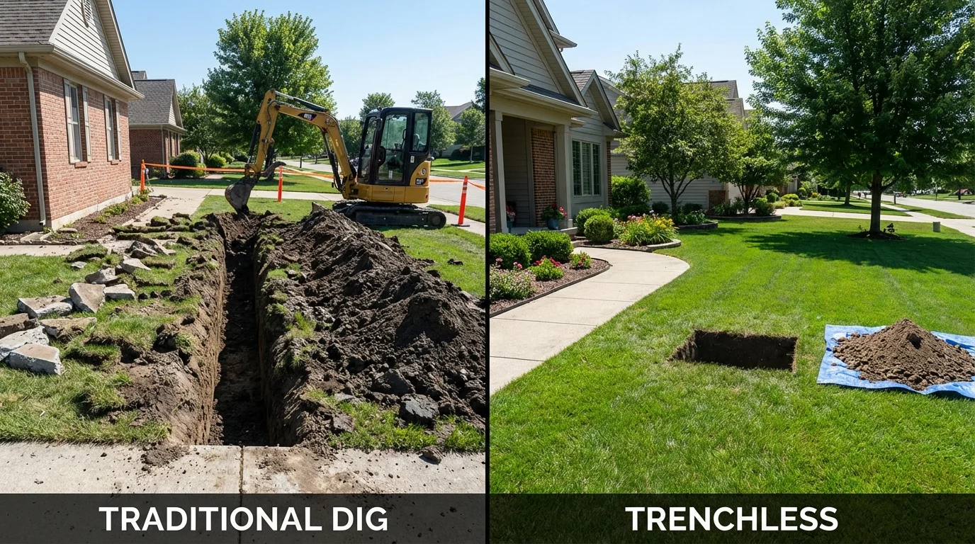 Trenchless sewer repair with minimal yard damage versus traditional excavation in Grimes, IA