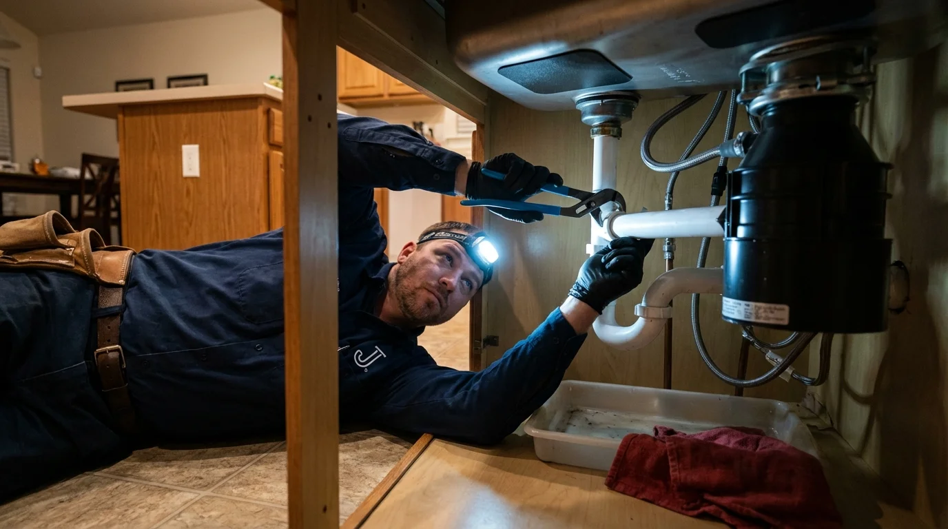 P-trap and supply line connections under a kitchen sink showing a common leak point in Grimes, IA